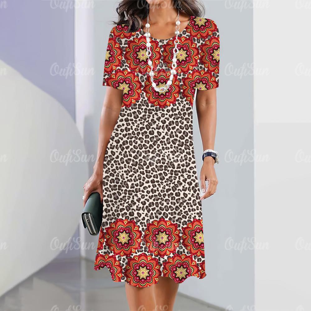 Nye damekjoler Leopard Blomstertrykk Elegante Vakre Kjoler Kvinnelig Sommer Casual Mote Klær