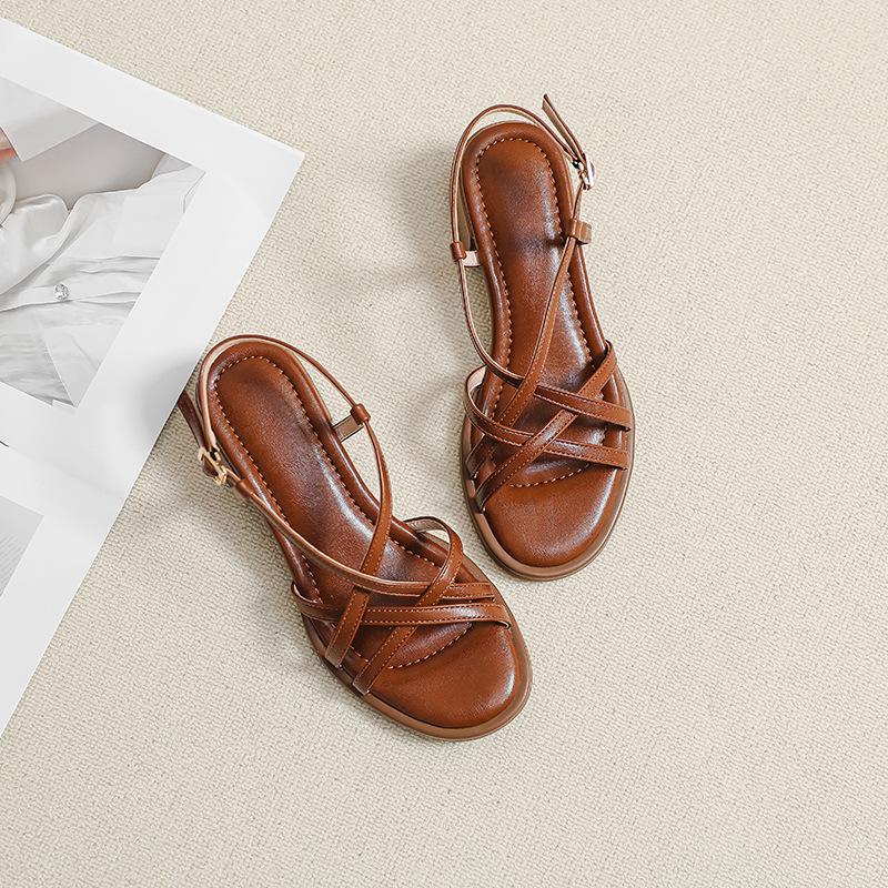 

Retro thin strap Roman shoes summer new sandals women step on shit thick heel holiday wear cross strap sandals spot 40 коричневый