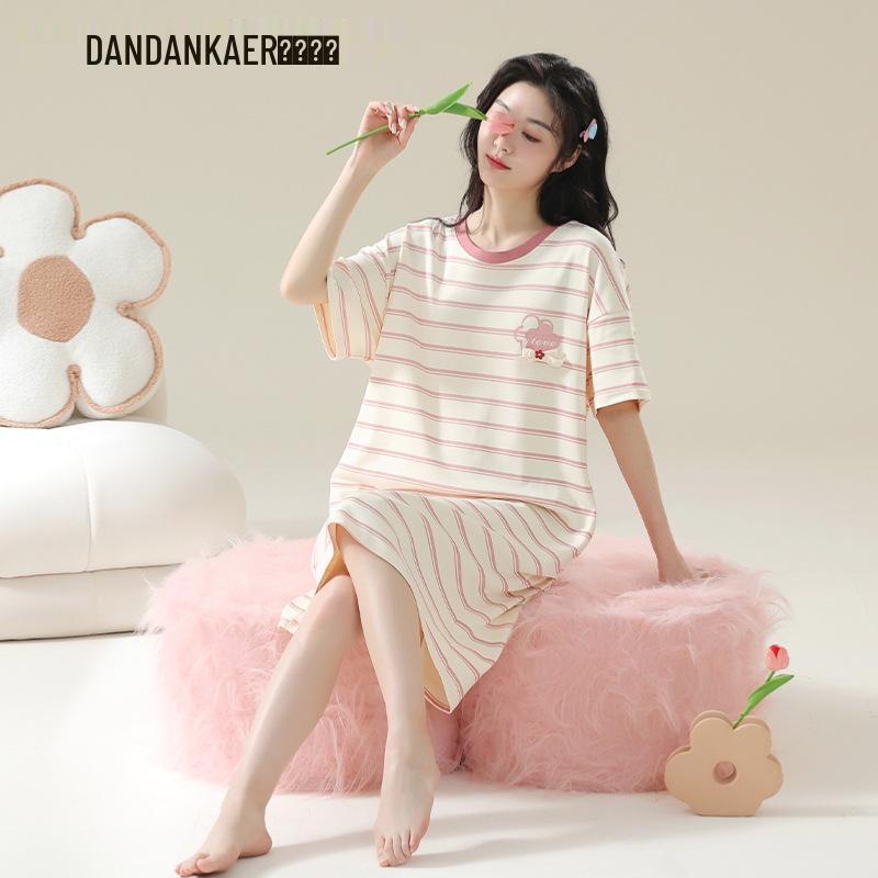 7A Women's Antibacterial Cotton Nightgown, Short Sleeve, Plus Size, Medium Length, Versatile for Outdoor Wear, Sweet Summer Home Dress