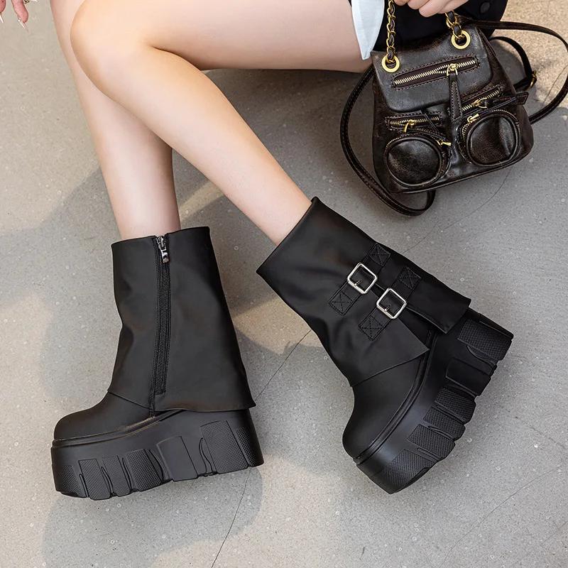 Fashion High Quality 14CM Ankle Booties Shoes Natural Genuine Leather Boots Women Motorcycle Boots Platform Ladies Fashion Botas Autumn