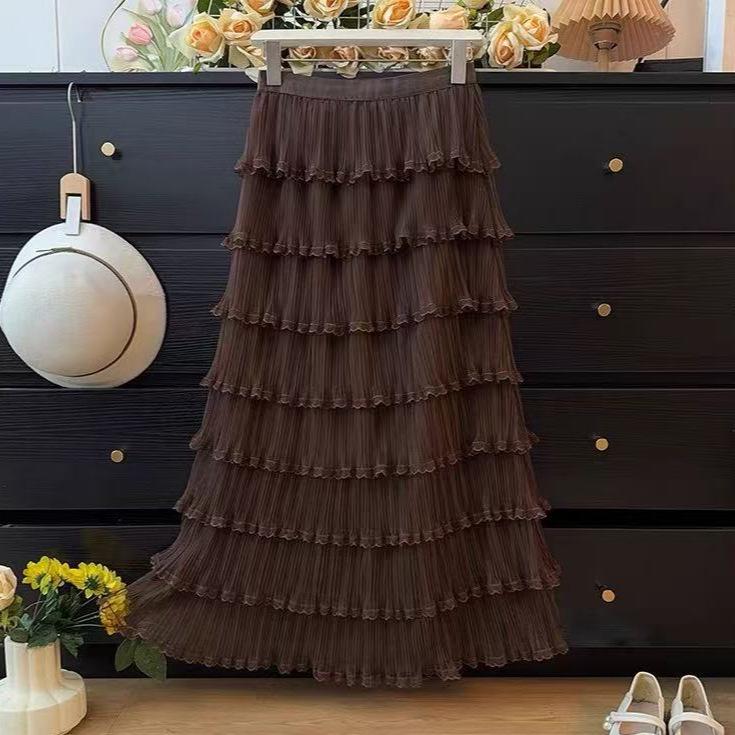 Elegant Autumn Layered Mesh Cake Skirt - Women's Slim-Fit Long Fluffy Gauze Umbrella Skirt