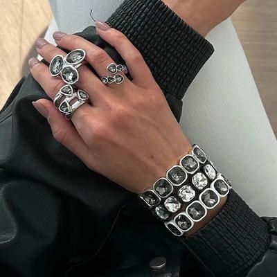 Salircon Elegant Irregular Acrylic Rhinestone Bracelet Open Ring For Women Korean Fashion Geometry Adjustable Party Jewelry Gift