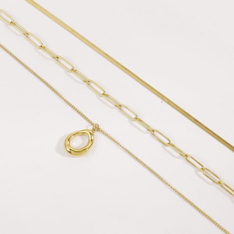 Women Layered Geometric Oval Pendant Stainless Steel Clavicle Necklace