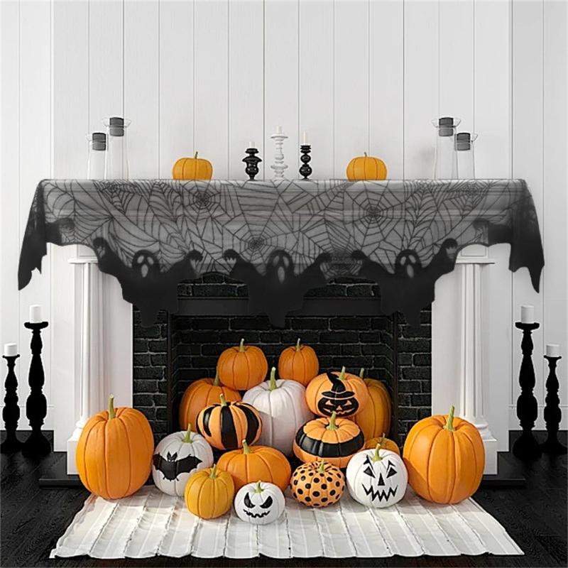 Lace Tablecloth Halloween Decoration Polyester Cobweb Table Runner Mantel Scarf Cover Spooky Celebration