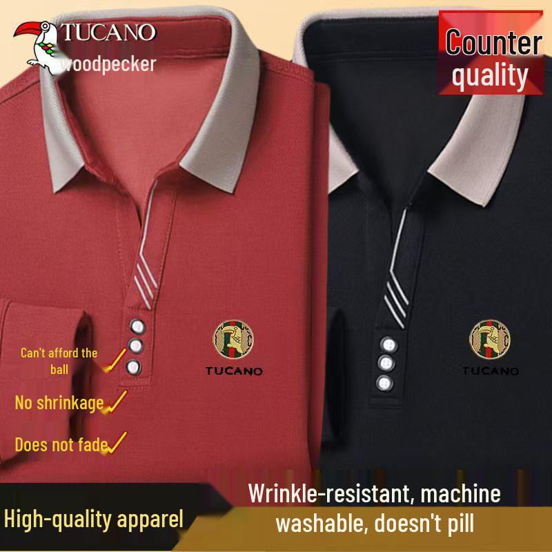 Woodpecker Men's Long-Sleeve Solid Color Polo Shirt with V-Turn Collar for Spring and Autumn.