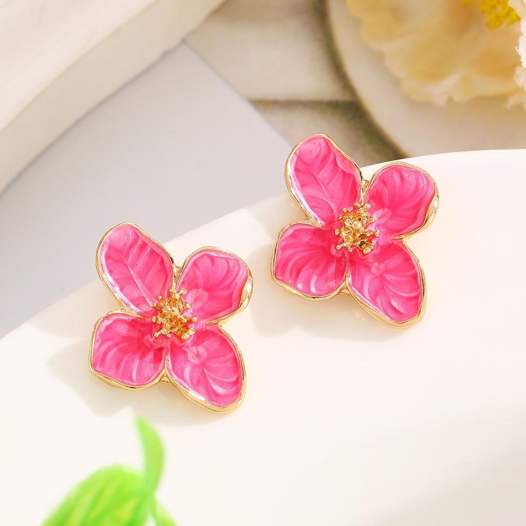 Soft Pink Enamel Flower Stud Earrings with Gold Tone Accents for Women Elegant Style
