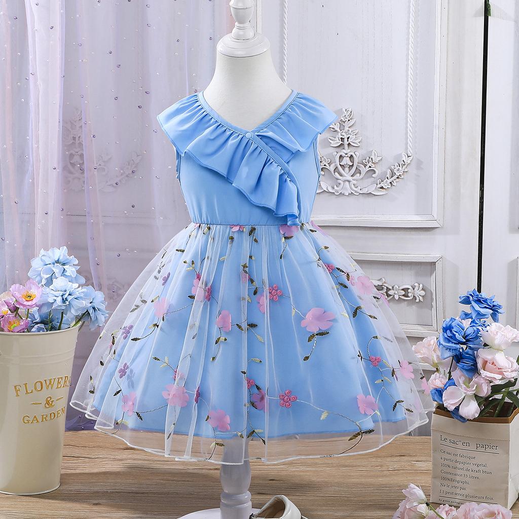 Dívčí elegantní princeznovské šaty ze síťoviny s volánovým výstřihem Letní dětské módní šaty