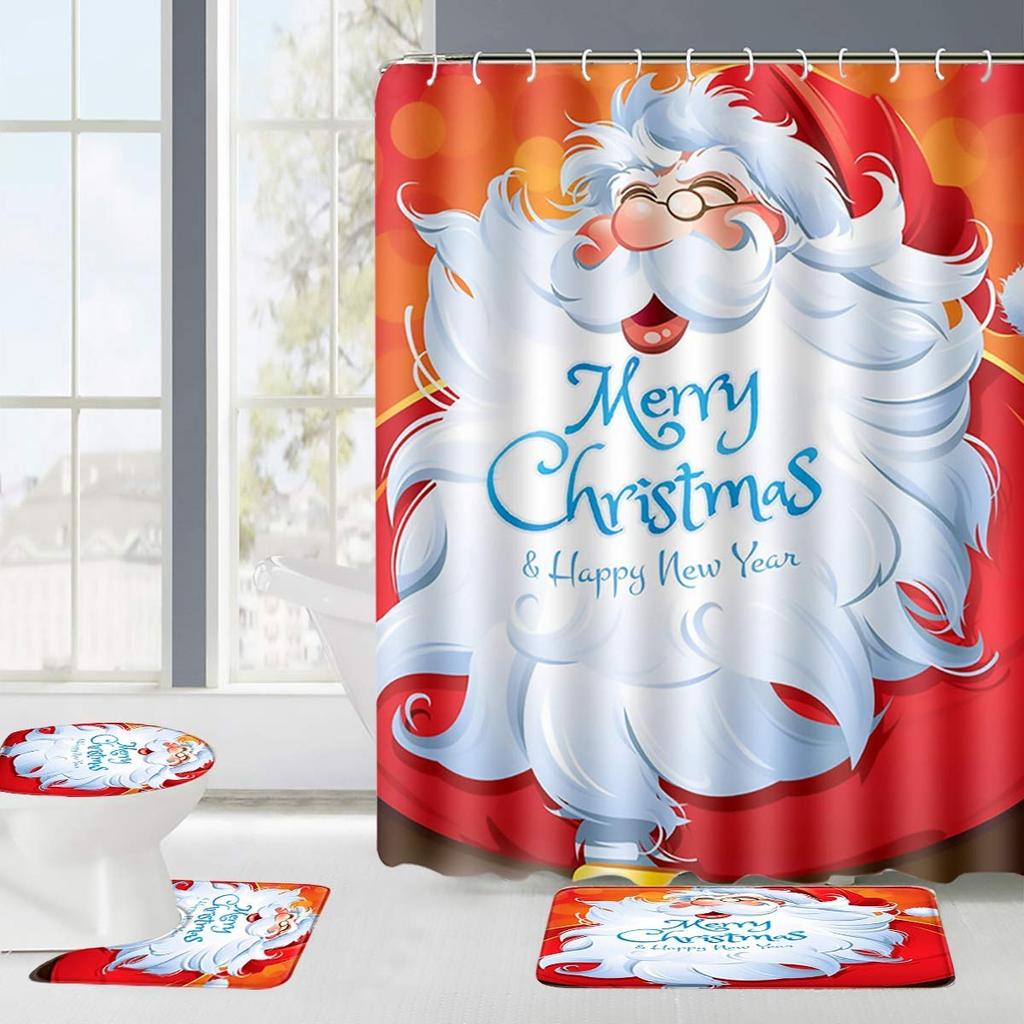 Snowman Santa Claus Shower Curtain Set Bathroom Set Non-Slip Mat Carpet Waterproof Toilet Seat Cushion Bath Mat Christmas Decor