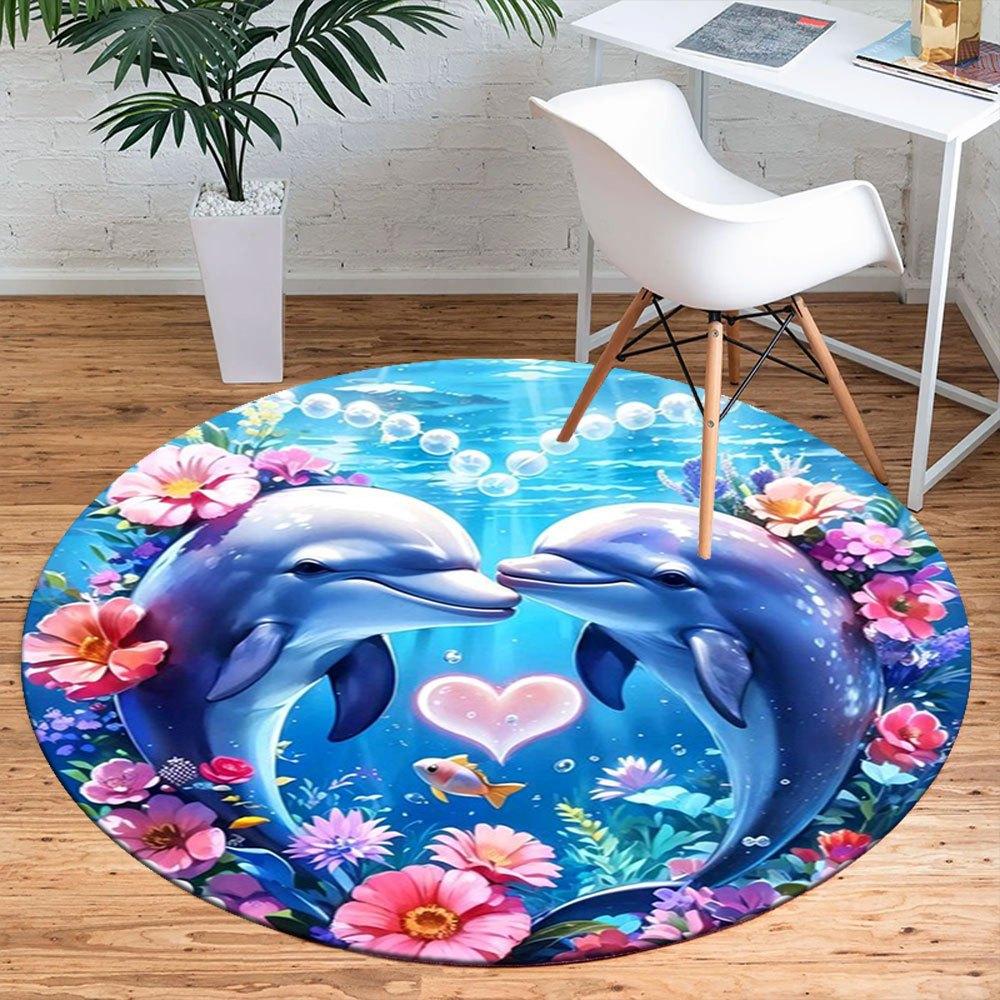 Underwater Love: Dolphin Heart Frame with FlowersRound Non-Slip chair mat chair carpet for office Rugs for Office Decor Gift For Valentine's Day Mothe