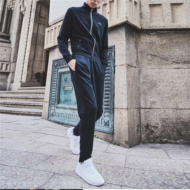 Li Ning Logo Print Solid Color Training Sports Straight Leg Suit Men suits Black AWEQ017-2