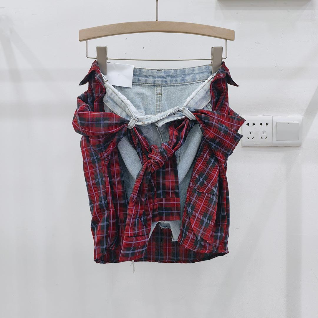 European retro new spring and summer plaid splicing fake two-piece denim shorts skirt loose wide-leg hot pants women S красный