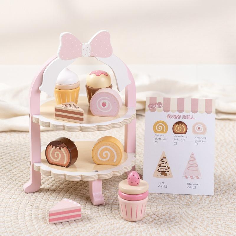 Wooden Simulation Afternoon Tea Cake Dessert Rack Set Children'S Play House Parent-Child Interactive Kitchen Toys