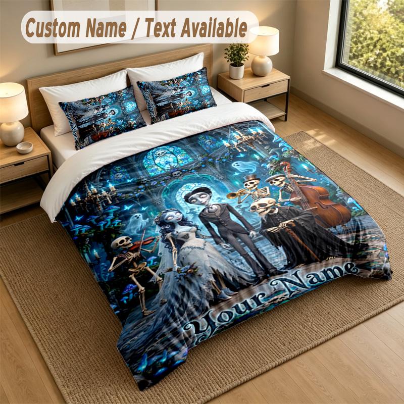 3Pcs Bedding Set Custom Name Text, 1 Sheet 2 Pillowcases Home Bed DecorCorpse Bride Emily Victor