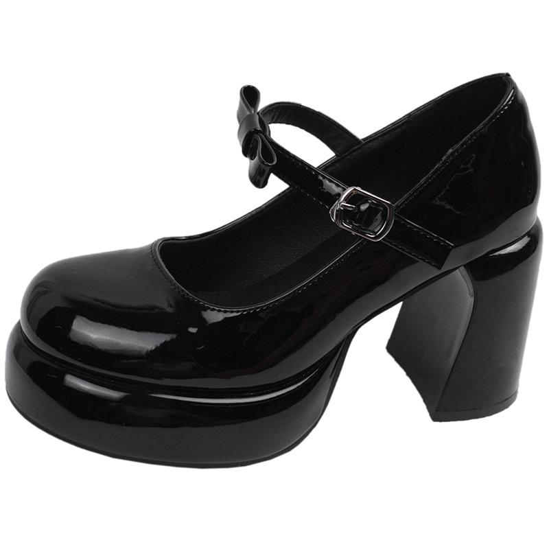 White French small thick heel high heels women's 2025 new summer round head retro Mary Jane small leather shoes