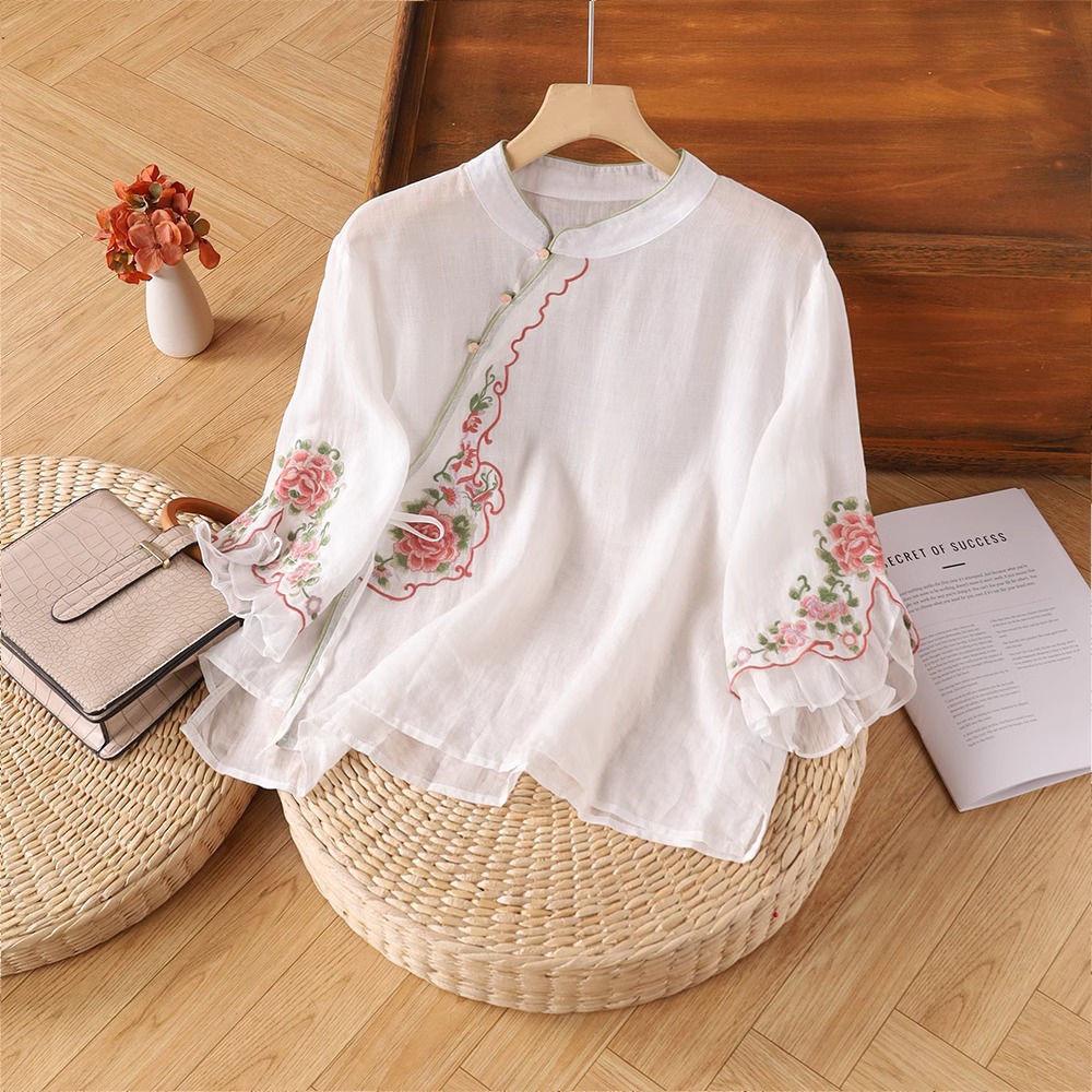 Women's Retro Ethnic-Style Cotton Linen Shirt - Summer 2024: Seven-Sleeve, Slanted Placket, Embroidered with Frog Buttons