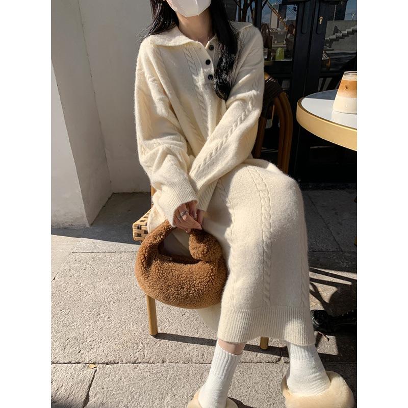 Women's Lapper Sweater Dress Midi Loose Thickened Over-the-Knee Sweater Dress