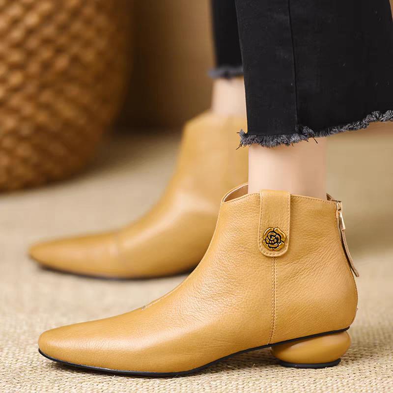Fashion Booties Autumn New Pointed Toe Rear Zipper Metal Buckle Soft Sole Anti-Slip Wear-Resistant Single Boots