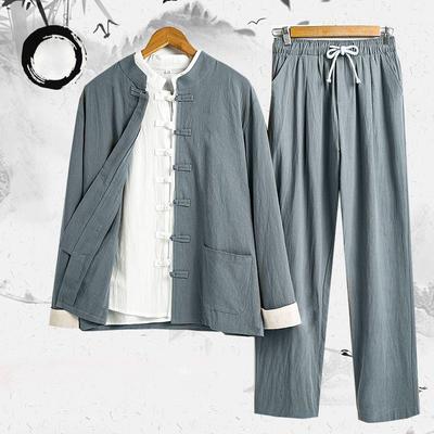 Chinese Traditional Tang Suit Kung Fu Uniform Retro Casual Cotton Linen Plus Size Tai Chi Clothing Set Man