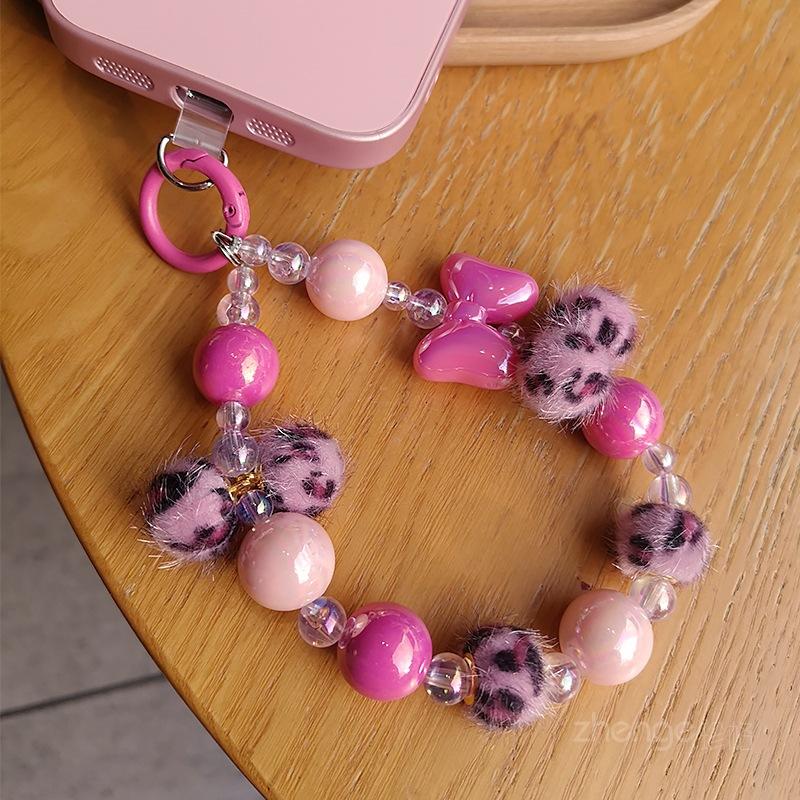 Mobile Phone Lanyard Wrist Chain Short Ins Small Fragrant Style Bow Leopard Print Hairball Mobile Phone Pendant Women's Fashion