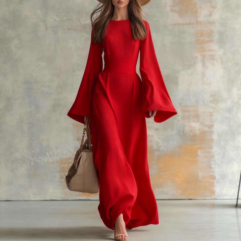 Women's High Neck Long Sleeve Dress with Bell Sleeves and Waist Tie