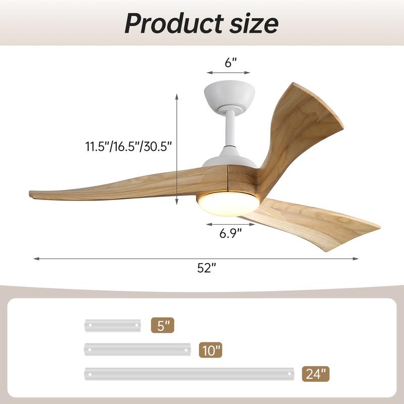 Sofucor 132 cm Ceiling Fan with LED Light, Remote Control, DC Power Supply, Timer, Solid Wood, 2 Colors Available