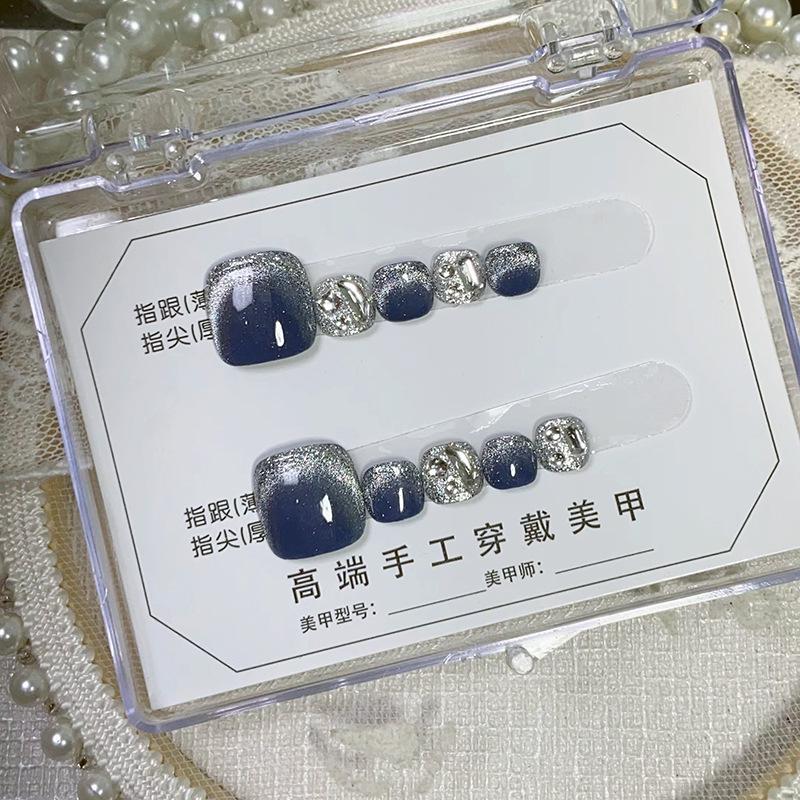 

Ручная работа Кристальный кошачий глаз Нейл-арт на ногтях ног - Серо-голубая отделка Large