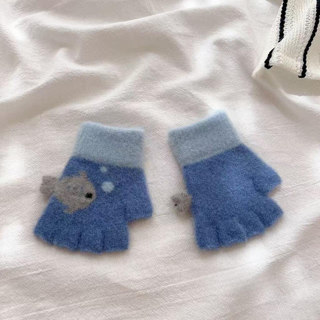 Cute Little Fish Gloves Winter Warm Baby Half Finger Cartoon Boy Minute Hand Knitted Color Blocking Gloves