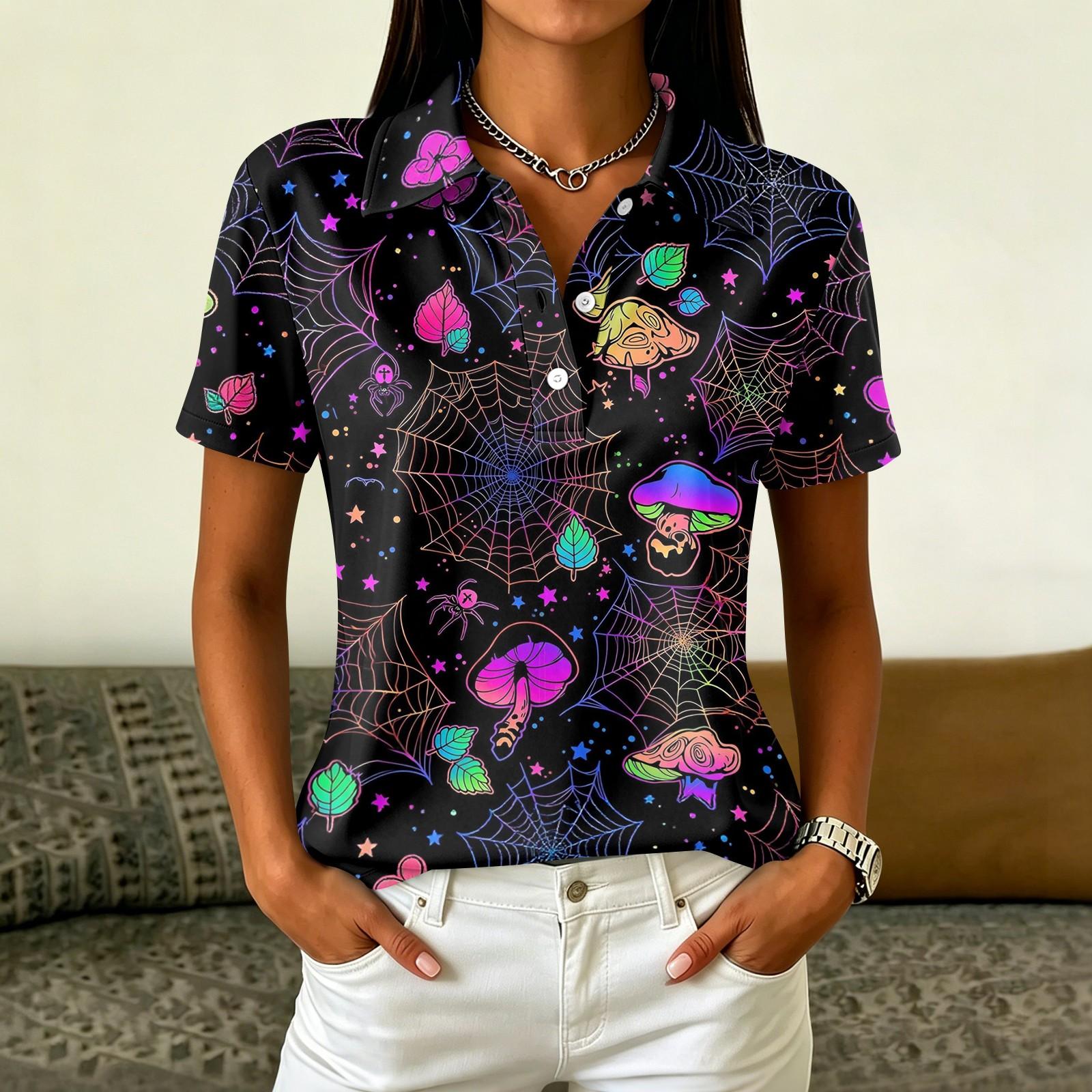 Women s Casual Short Sleeve Button Front Collared Blouse with Halloween Print S