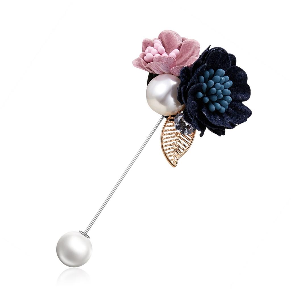 Cloth Art Fabric Double Blooming Flower Brooch For Women Men Dainty Imitation Pearl Leaf Floral Long Needle Pins Wedding Jewelry