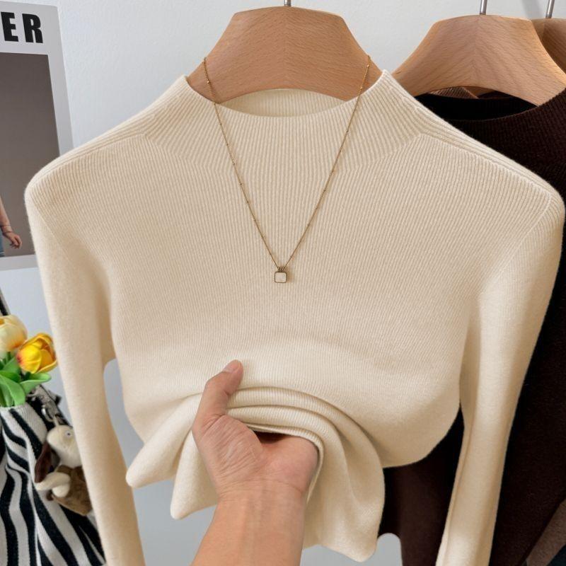 Women's Stand Collar Wool Sweater Autumn and Winter Solid Color Warm Stretch Knit Sweater Slim Fit Stretch Knit Pullover