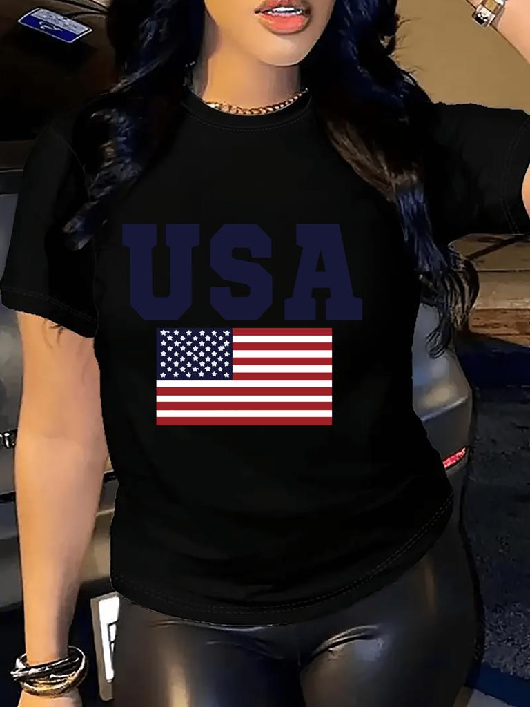 Women'S Patriotic USA Letter Print T-Shirt  Casual Crew Neck Short Sleeve Perfect for Spring  Fall Everyday Tshirt Graphic Tee
