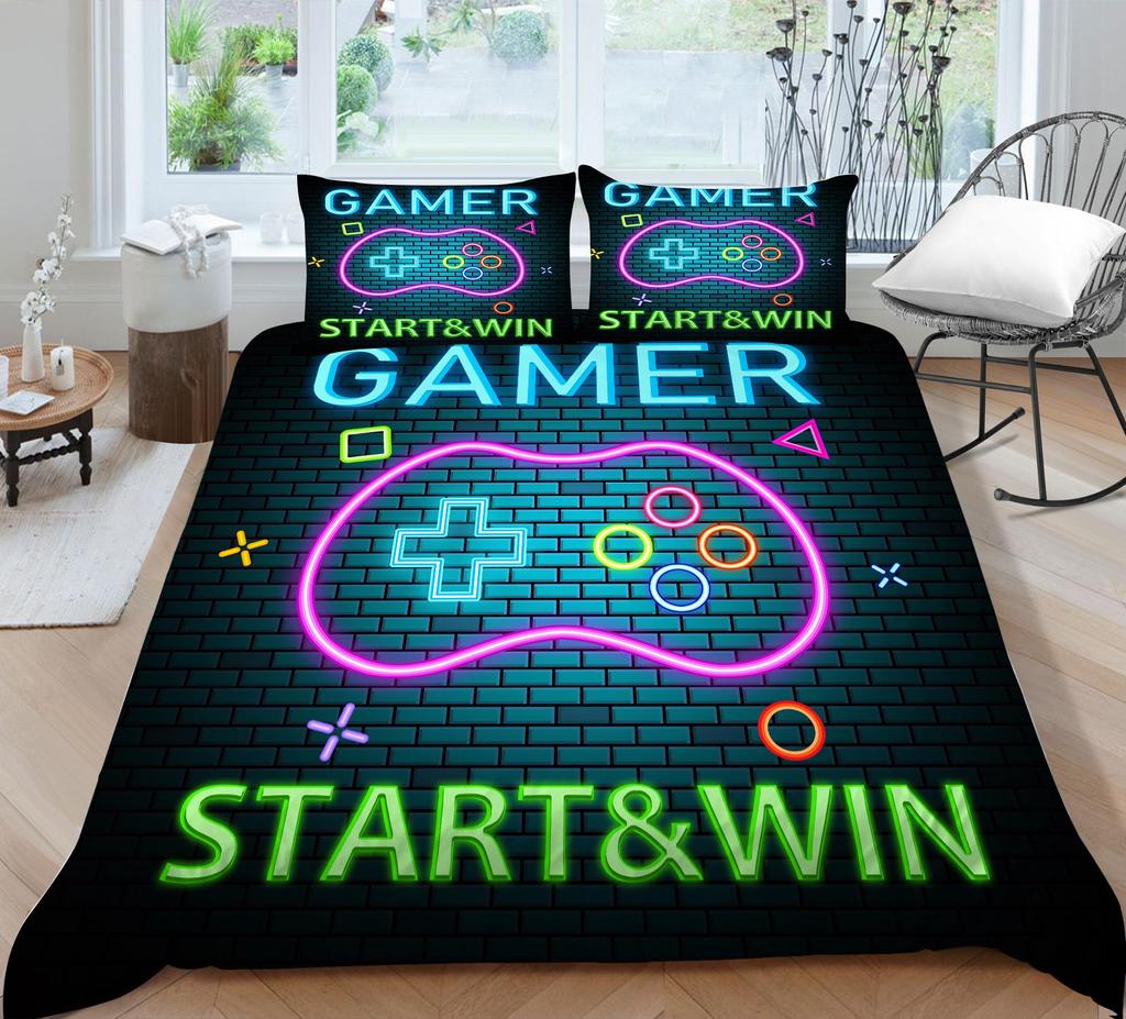3D Bedding Single Double Bed Game Machine Printed Pillowcase and Quilt Cover 2/3 Pieces for Boys and Men Game Lovers Comfortable Household Bedding