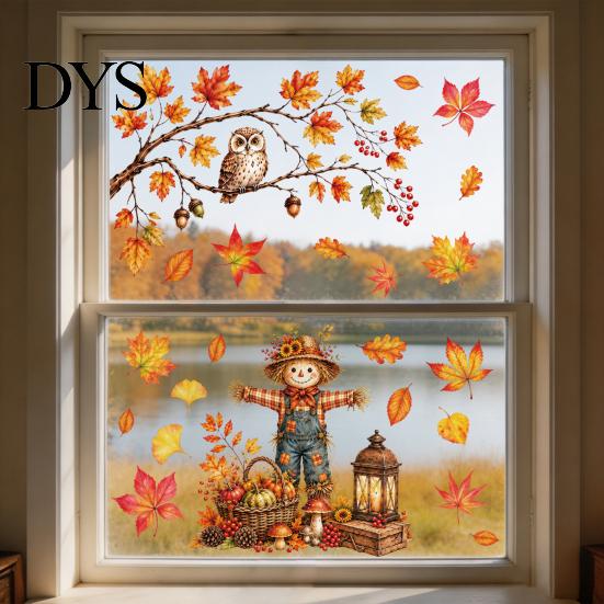 Decorative Glass Clings 6 Sheets Autumn Harvest Static Window Stickers, Maple Leaves Scarecrows Bicycle Owl Thanksgiving Home Decor Decals,