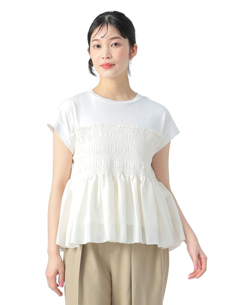 Beams Heart Mixed Material Shirred French Off One Size S/S Tee, Pullover, Women's, White,