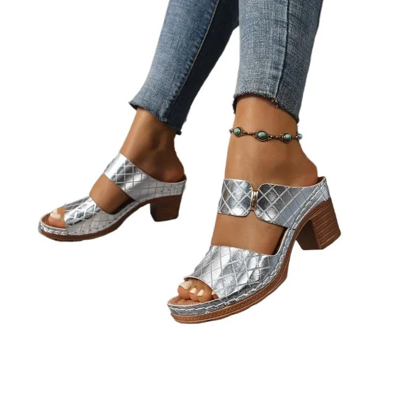 Elegant Ladies Shoes 2025 Brand Open Toe Women's Slippers Fashion Outdoor Dress Sandals Summer New Plus Size Non-Slip High Heels