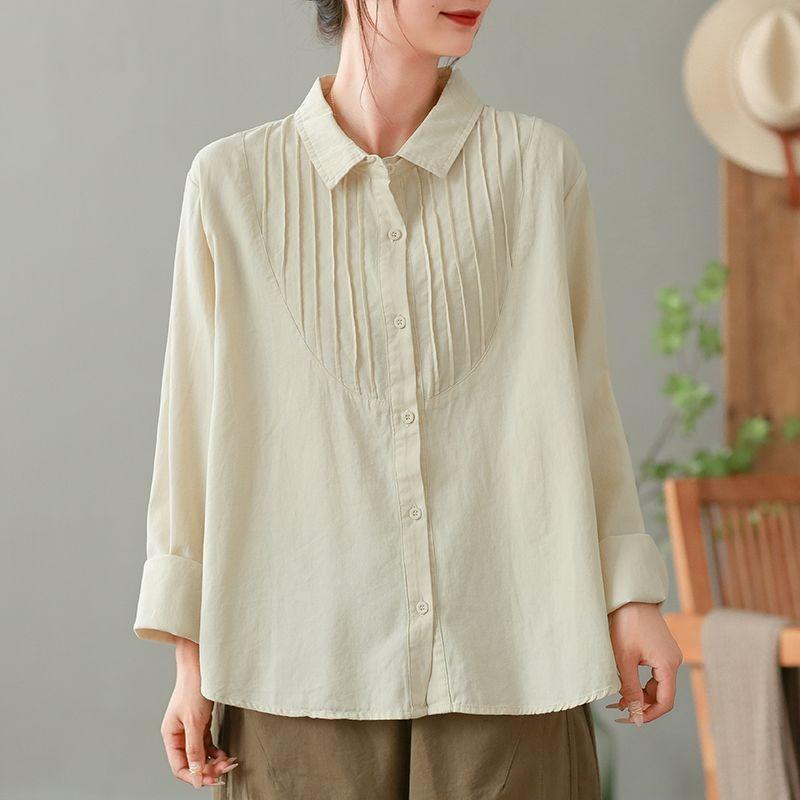 

Рубашка из чистого хлопка в стиле ретро с вставками, с длинным рукавом, весна-осень, новая, свободный топ, повседневная, с лацканами, короткая, женская L абрикосовый