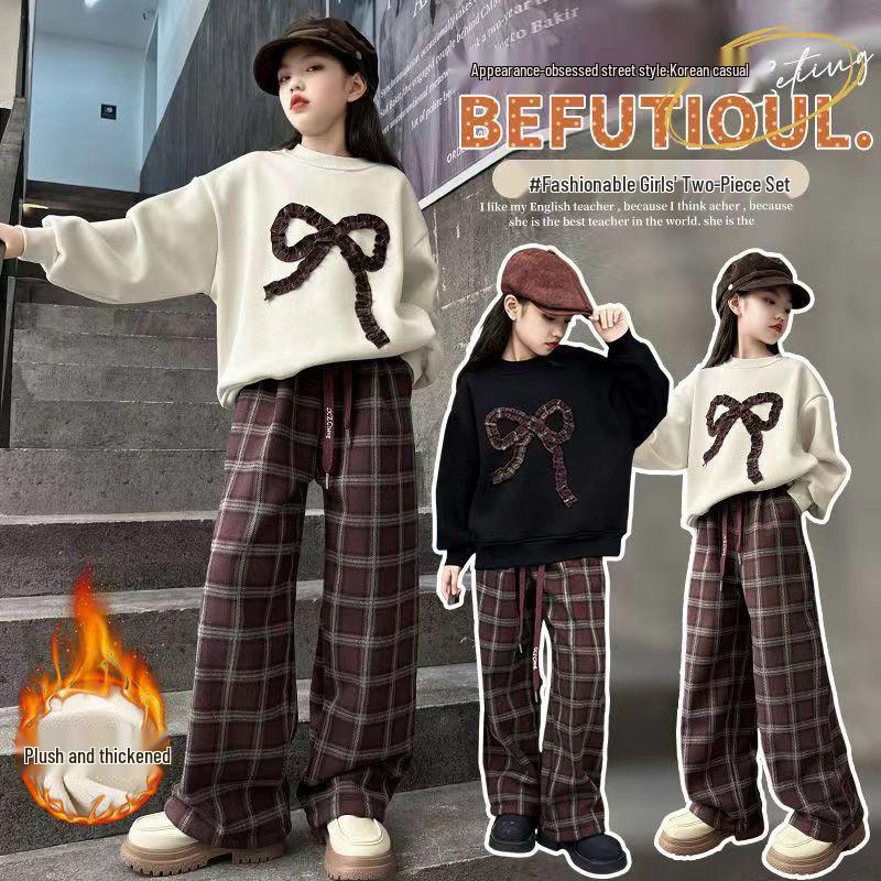 Girls' Fashionable Plaid Pants & Bow Sweatshirt Set - Autumn/Winter 2025