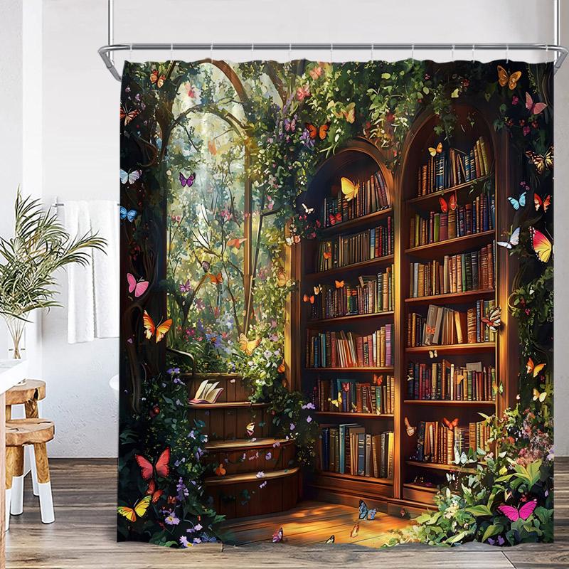 Vintage Bookshelf Shower Curtain Retro Book Green Plant Leaves Modern Fabric Home Wall Hanging Bathroom Curtain Decor with Hooks