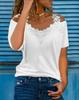 American Style European Women's Casual Loose V Neck Short Sleeve T Shirt with Lace Splice