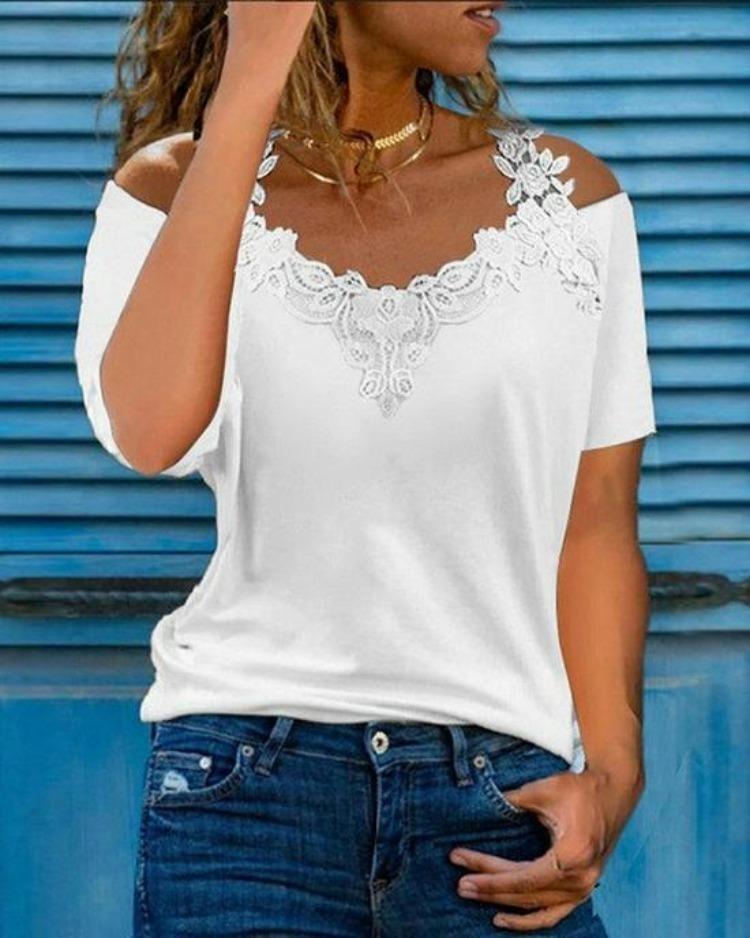 American Style European Women's Casual Loose V Neck Short Sleeve T Shirt with Lace Splice