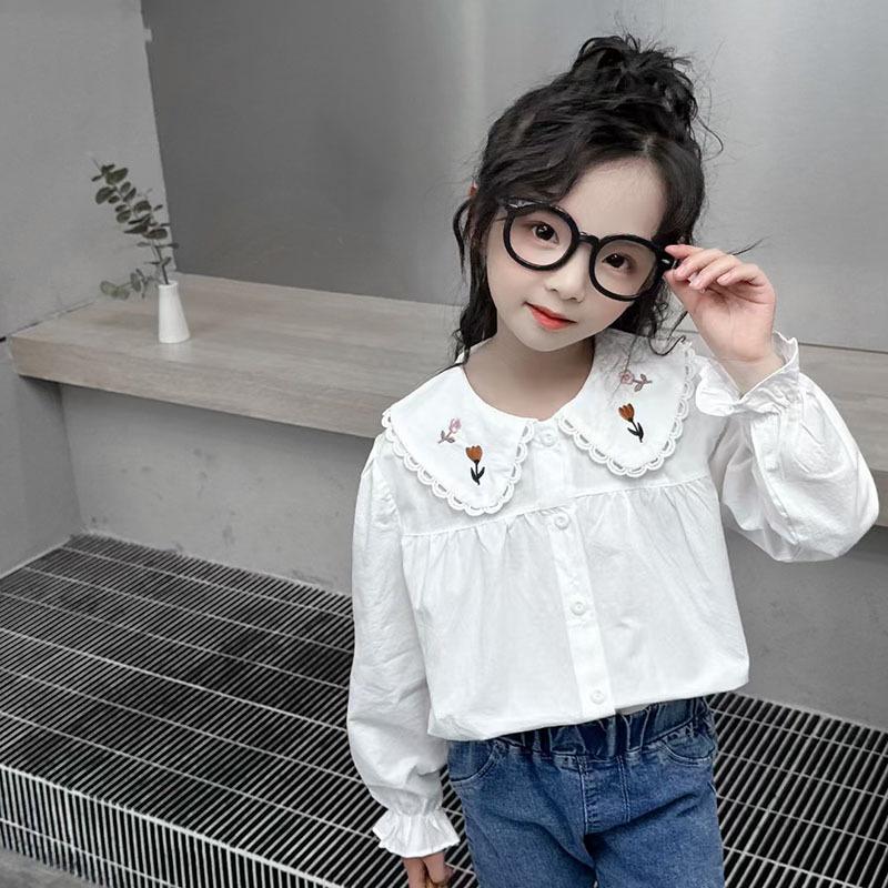 2024 Spring/Autumn Girls' White Cotton Shirt, Turn-Down Collar, Fashionable Student Top