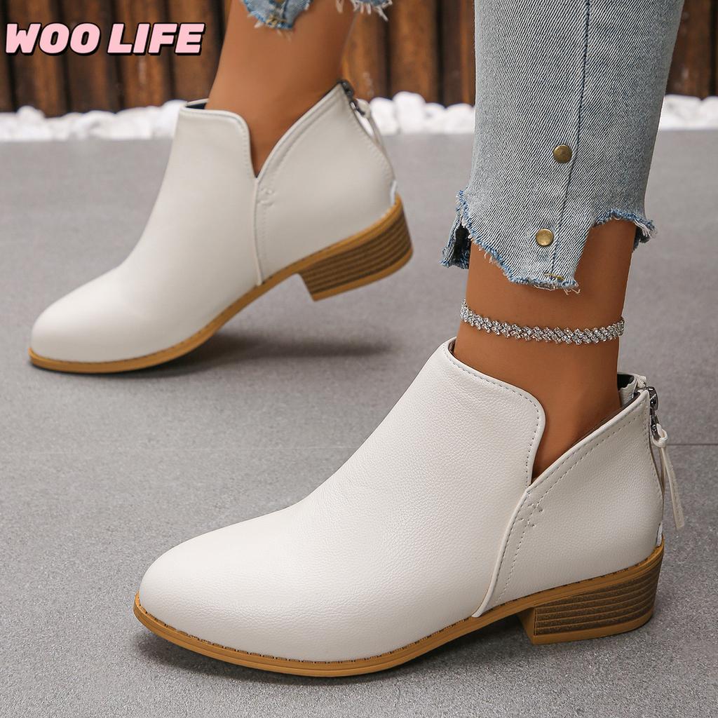 Pointed Rear Zipper Short-tube Martin Boots Women's Plus Size Leather Boots Solid Color Thin Thick-heeled Leather Ankle Boots