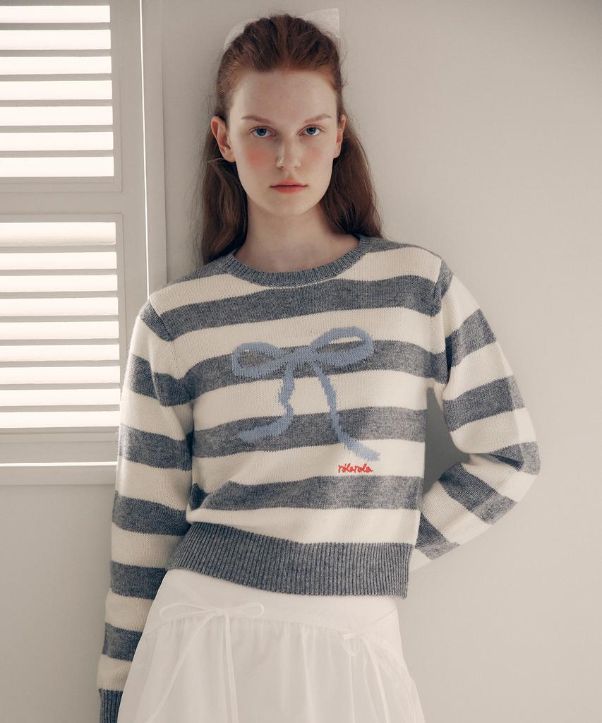 ROLAROLA Wool Blended Ribbon Stripe Knit Wh+Gy