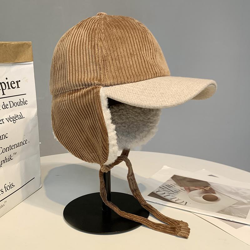 Autumn  Winter Unisex Cycling Ear Protection Fleece-Lined Warm Bomber Hat Vintage Corduroy Color-Blocked Baseball Cap