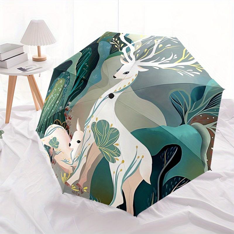 1pc Deer Forest Automatic Open/Close Umbrella Sturdy Iron Frame, Compact Travel Umbrella - Perfect Gift for Women, Men, Birthdays041