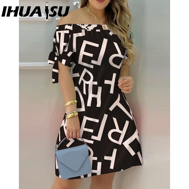 IHUASU Women Fashion Off Shoulder Dress Short Sleeve Bow Tie Print Dresses Summer Beach Dresses Plus Size