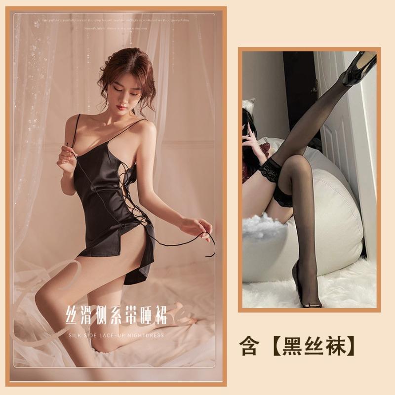 Dusk sexy underwear silky sexy pajamas women's side split-ended lace-up nightdress hot uniform home suit
