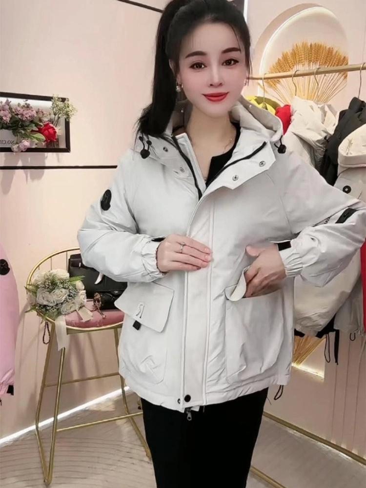 Women’s Short Hooded Windproof Jacket With Big Pockets Workwear Coat