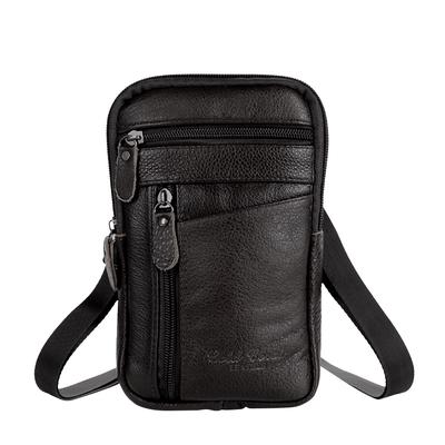 Bolsa de ombro masculina de couro genuíno bolsa casual mensageiro com zíper (Preto)
