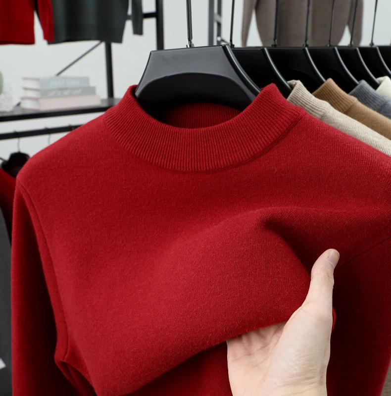 Men's Velvet Knit Sweater - Warm Half-High Collar, Thickened Base Layer